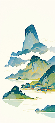 JPG 구름 전통 일러스트 산 한옥 풍경 사람없음 세로 초록색 산수화 국내일러스트 AI일러스트 AI콘텐츠 자연요소 한국전통 컬러 고건축 동양화 파일형식