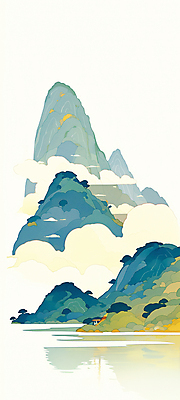 JPG 구름 전통 고건축 일러스트 산 그림자 풍경 사람없음 세로 초록색 산수화 국내일러스트 AI일러스트 AI콘텐츠 자연요소 건축물 컬러 동양화 파일형식