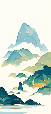 JPG 구름 전통 일러스트 산 풍경 사람없음 세로 초록색 산수화 국내일러스트 AI일러스트 AI콘텐츠 자연요소 컬러 동양화 파일형식