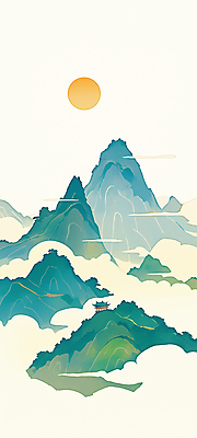 JPG 구름 전통 일러스트 산 풍경 사람없음 세로 초록색 태양 정자 산수화 국내일러스트 AI일러스트 AI콘텐츠 자연요소 건축물 컬러 동양화 파일형식