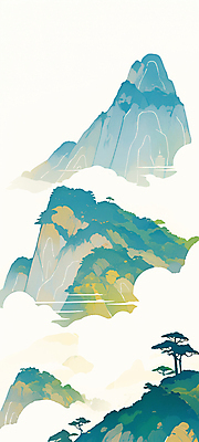 JPG 구름 전통 일러스트 산 풍경 사람없음 세로 초록색 소나무 산수화 국내일러스트 AI일러스트 AI콘텐츠 자연요소 나무 컬러 동양화 파일형식