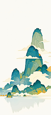 JPG 구름 전통 일러스트 산 풍경 사람없음 세로 초록색 강 반사 산수화 국내일러스트 AI일러스트 AI콘텐츠 자연요소 컬러 동양화 파일형식