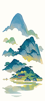 JPG 구름 전통 일러스트 산 한옥 풍경 사람없음 세로 초록색 강 반사 산수화 국내일러스트 AI일러스트 AI콘텐츠 자연요소 한국전통 컬러 고건축 동양화 파일형식