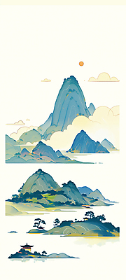 JPG 구름 전통 일러스트 산 풍경 사람없음 세로 초록색 태양 소나무 정자 산수화 국내일러스트 AI일러스트 AI콘텐츠 자연요소 나무 건축물 컬러 동양화 파일형식