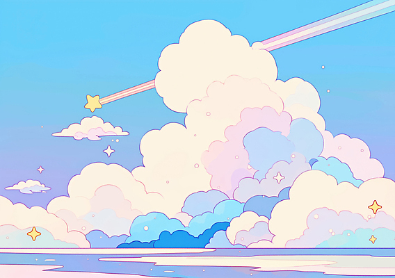JPG 구름 별 분홍색 백그라운드 일러스트 풍경 사람없음 파란색 반짝임 새벽 유성 몽환 키치 국내일러스트 AI일러스트 AI콘텐츠 자연요소 컬러 컨셉 모션 파일형식