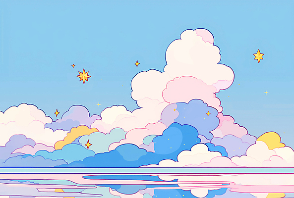 JPG 구름 별 분홍색 백그라운드 일러스트 풍경 사람없음 파란색 반사 새벽 수면 몽환 키치 국내일러스트 AI일러스트 AI콘텐츠 자연요소 컬러 컨셉 물 파일형식
