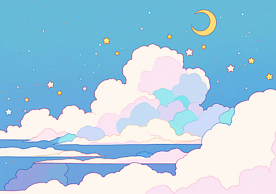 JPG 구름 별 분홍색 백그라운드 일러스트 풍경 사람없음 파란색 새벽 달 몽환 키치 국내일러스트 AI일러스트 AI콘텐츠 자연요소 컬러 컨셉 파일형식
