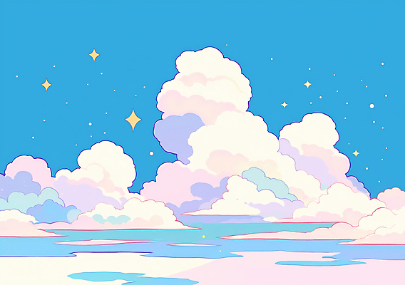 JPG 구름 별 분홍색 백그라운드 일러스트 풍경 사람없음 파란색 새벽 몽환 키치 국내일러스트 AI일러스트 AI콘텐츠 자연요소 컬러 컨셉 파일형식