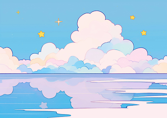 JPG 구름 별 분홍색 백그라운드 일러스트 풍경 사람없음 파란색 반사 새벽 수면 몽환 키치 국내일러스트 AI일러스트 AI콘텐츠 자연요소 컬러 컨셉 물 파일형식