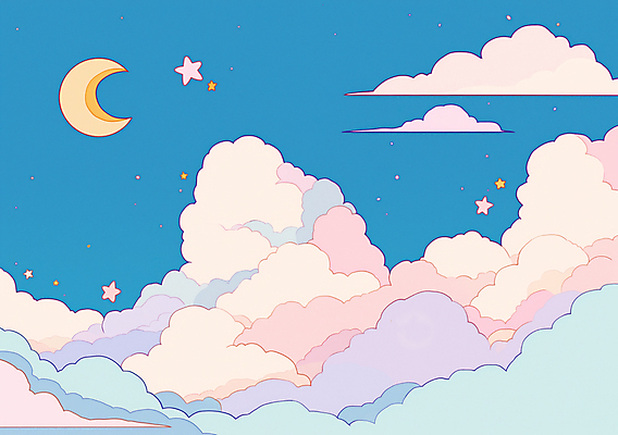 JPG 구름 별 분홍색 백그라운드 일러스트 풍경 사람없음 파란색 새벽 달 몽환 키치 국내일러스트 AI일러스트 AI콘텐츠 자연요소 컬러 컨셉 파일형식