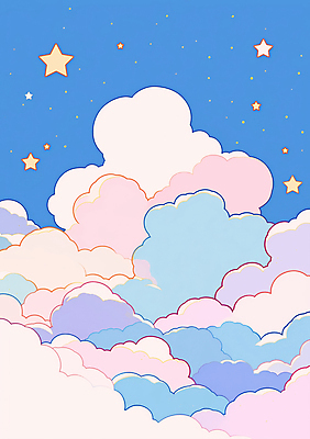 JPG 구름 별 분홍색 백그라운드 일러스트 풍경 사람없음 파란색 새벽 몽환 키치 국내일러스트 AI일러스트 AI콘텐츠 자연요소 컬러 컨셉 파일형식