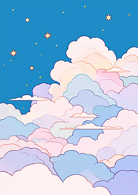 JPG 구름 별 분홍색 백그라운드 일러스트 풍경 사람없음 파란색 새벽 몽환 키치 국내일러스트 AI일러스트 AI콘텐츠 자연요소 컬러 컨셉 파일형식