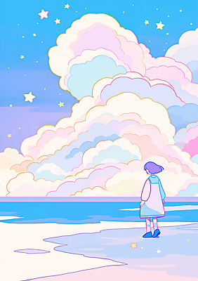 JPG 전신 구름 여자 별 어린이 분홍색 백그라운드 일러스트 한명 풍경 소녀 해변 파란색 새벽 몽환 소녀한명만 키치 국내일러스트 AI일러스트 AI콘텐츠 자연요소 1 바다 컬러 컨셉 사람 여자한명만 소녀만 파일형식