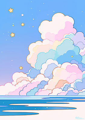 JPG 구름 별 분홍색 백그라운드 일러스트 풍경 해변 사람없음 파란색 새벽 몽환 키치 국내일러스트 AI일러스트 AI콘텐츠 자연요소 바다 컬러 컨셉 파일형식