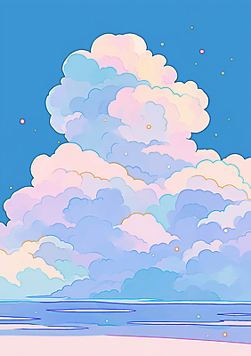 JPG 구름 별 분홍색 백그라운드 일러스트 풍경 해변 사람없음 파란색 새벽 몽환 키치 국내일러스트 AI일러스트 AI콘텐츠 자연요소 바다 컬러 컨셉 파일형식