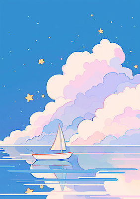 JPG 구름 별 분홍색 백그라운드 일러스트 풍경 사람없음 파란색 반사 새벽 수면 돗단배 몽환 키치 국내일러스트 AI일러스트 AI콘텐츠 자연요소 컬러 컨셉 배_교통 물 파일형식