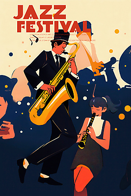 PSD 여자 남자 포스터 연주 일러스트 들기 성인 두명 빛 눈감음 축제 공연 분위기 색소폰 클라리넷 재즈 성인만 국내일러스트 음악 컨셉 모션 사람 이벤트 목관악기 파일형식