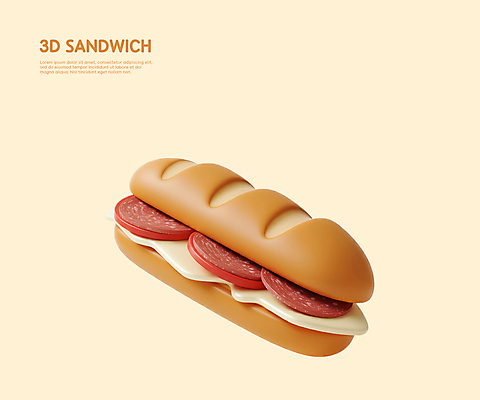 PSD 편집이미지 샌드위치 사람없음 3D 소스 햄 베이지색 편집3D 음식 컬러 육류 양념 디지털합성 파일형식