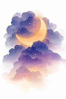 JPG 구름 야경 일러스트 밤하늘 수채화 사람없음 보라색 초승달 달빛 별빛 몽환 국내일러스트 AI일러스트 AI콘텐츠 자연요소 별 컬러 컨셉 하늘 빛 달 야간 파일형식 풍경_경치