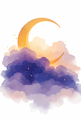 JPG 구름 야경 일러스트 밤하늘 수채화 사람없음 빛 보라색 초승달 달빛 별빛 몽환 국내일러스트 AI일러스트 AI콘텐츠 자연요소 별 컬러 컨셉 하늘 달 야간 파일형식 풍경_경치
