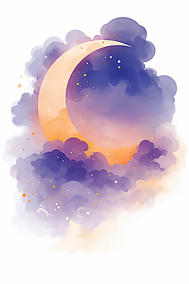 JPG 구름 야경 일러스트 밤하늘 수채화 사람없음 보라색 초승달 달빛 별빛 몽환 국내일러스트 AI일러스트 AI콘텐츠 자연요소 별 컬러 컨셉 하늘 빛 달 야간 파일형식 풍경_경치