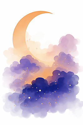JPG 구름 야경 일러스트 밤하늘 수채화 사람없음 보라색 초승달 달빛 별빛 몽환 국내일러스트 AI일러스트 AI콘텐츠 자연요소 별 컬러 컨셉 하늘 빛 달 야간 파일형식 풍경_경치
