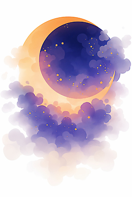 JPG 구름 야경 일러스트 밤하늘 수채화 사람없음 보라색 초승달 달빛 별빛 몽환 국내일러스트 AI일러스트 AI콘텐츠 자연요소 별 컬러 컨셉 하늘 빛 달 야간 파일형식 풍경_경치
