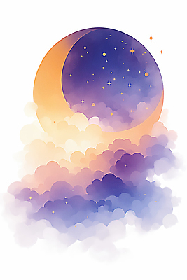 JPG 구름 야경 일러스트 밤하늘 수채화 사람없음 보라색 초승달 달빛 별빛 몽환 국내일러스트 AI일러스트 AI콘텐츠 자연요소 별 컬러 컨셉 하늘 빛 달 야간 파일형식 풍경_경치