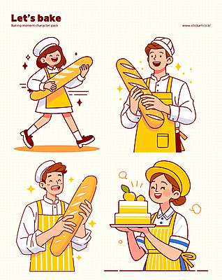 여자 남자 일러스트 직업캐릭터 요리사모자 미소 웃음 들기 여러명 성인 반짝임 노란색 걷기 케이크 앞치마 바게트 조리복 레몬 제빵 제빵사 성인만 일러캐릭터 AI파일 직업 캐릭터 모자_잡화 빵 컬러 다수 유니폼 과일 모션 디저트 표정 사람 제과제빵 요리사 파일형식 벡터