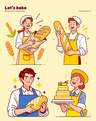 여자 남자 일러스트 직업캐릭터 요리사모자 미소 웃음 들기 여러명 성인 반짝임 노란색 케이크 앞치마 바게트 밀 레몬 제빵 제빵사 성인만 일러캐릭터 AI파일 직업 캐릭터 모자_잡화 빵 컬러 다수 과일 모션 디저트 곡류 표정 사람 제과제빵 요리사 파일형식 벡터