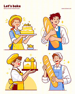 그릇 여자 남자 일러스트 직업캐릭터 요리사모자 미소 웃음 들기 여러명 성인 반짝임 노란색 케이크 앞치마 바게트 레몬 제빵 제빵사 성인만 일러캐릭터 AI파일 직업 캐릭터 모자_잡화 식기 빵 컬러 다수 과일 모션 디저트 표정 사람 제과제빵 요리사 파일형식 벡터