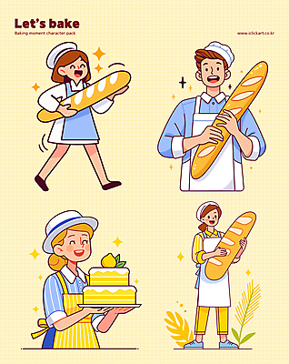식물 여자 남자 일러스트 직업캐릭터 요리사모자 미소 웃음 들기 여러명 성인 반짝임 노란색 케이크 앞치마 바게트 레몬 제빵 제빵사 성인만 일러캐릭터 AI파일 직업 캐릭터 모자_잡화 빵 컬러 다수 과일 모션 디저트 표정 사람 제과제빵 요리사 파일형식 벡터