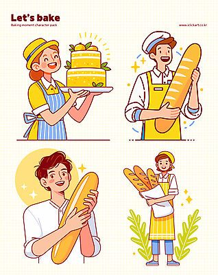 식물 여자 남자 일러스트 직업캐릭터 요리사모자 미소 웃음 들기 여러명 성인 반짝임 노란색 케이크 앞치마 바게트 레몬 제빵 제빵사 성인만 일러캐릭터 AI파일 직업 캐릭터 모자_잡화 빵 컬러 다수 과일 모션 디저트 표정 사람 제과제빵 요리사 파일형식 벡터