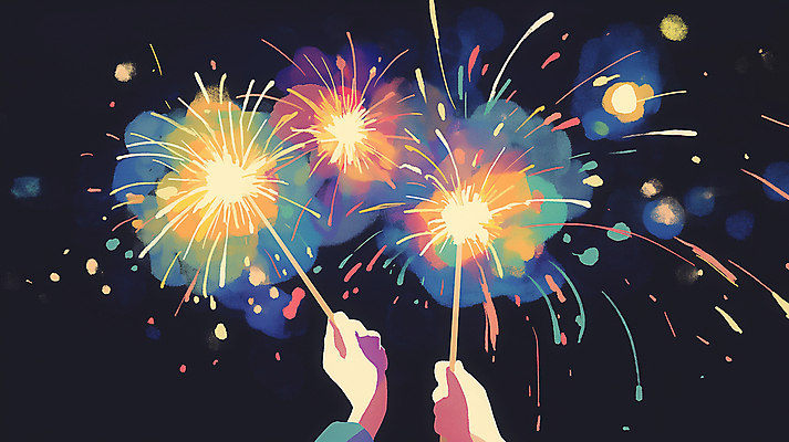 JPG 손 일러스트 밤하늘 불꽃 불꽃놀이 들기 신체부위 빛 반짝임 컬러풀 축제 화려 스파클라 국내일러스트 AI일러스트 AI콘텐츠 컬러 컨셉 모션 놀이 하늘 불 폭죽 사람 야간 파일형식