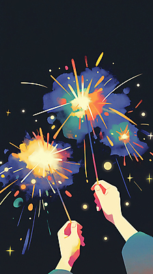 JPG 손 일러스트 밤하늘 불꽃 불꽃놀이 들기 신체부위 빛 반짝임 컬러풀 축제 화려 스파클라 국내일러스트 AI일러스트 AI콘텐츠 컬러 컨셉 모션 놀이 하늘 불 폭죽 사람 야간 파일형식