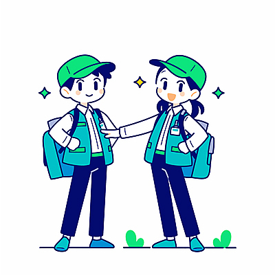 전신 학생 여자 남자 허리손 가방 일러스트 청소년 서기 미소 두명 파란색 친구 반짝임 손뻗기 캡모자 십대만 일러캐릭터 AI파일 캐릭터 모자_잡화 잡화 컬러 포즈 관계 모션 표정 사람 파일형식 벡터