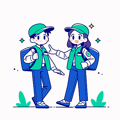전신 학생 여자 남자 허리손 가방 일러스트 청소년 서기 미소 두명 초록색 친구 반짝임 가리킴 잡기 캡모자 십대만 일러캐릭터 AI파일 캐릭터 모자_잡화 잡화 컬러 포즈 관계 모션 표정 사람 손짓 파일형식 벡터