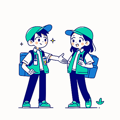 전신 학생 여자 남자 허리손 가방 일러스트 청소년 미소 두명 파란색 친구 반짝임 손뻗기 캡모자 십대만 일러캐릭터 AI파일 캐릭터 모자_잡화 잡화 컬러 포즈 관계 모션 표정 사람 파일형식 벡터