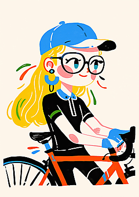 JPG 전신 모자 여자 일러스트 청소년 한명 서기 미소 취미 컬러풀 운동 자전거 귀걸이 잡기 십대여자한명만 안경낌 국내일러스트 AI일러스트 AI콘텐츠 1 잡화 안경 컬러 장신구 모션 표정 건강 사람 바이크 여자한명만 십대여자만 파일형식