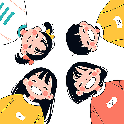 여자 남자 리본 어린이 일러스트 미소 웃음 소녀 소년 여러명 우정 즐거움 어린이만 내려보기 국내일러스트 AI파일 감정 다수 모션 표정 사람 친구 파일형식 벡터