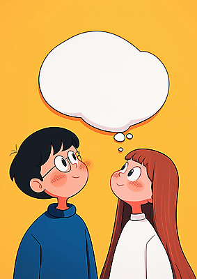 JPG 여자 남자 어린이 말풍선 생각 일러스트 미소 소녀 소년 두명 노란색 올려보기 어린이만 안경낌 카피스페이스 국내일러스트 AI일러스트 AI콘텐츠 안경 컬러 모션 표정 사람 공백 파일형식