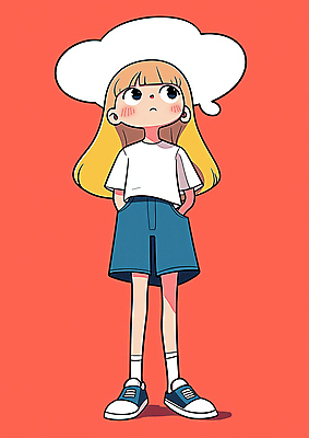 JPG 전신 여자 말풍선 생각 일러스트 청소년 한명 서기 빨간색 올려보기 주머니손 십대여자한명만 카피스페이스 국내일러스트 AI일러스트 AI콘텐츠 1 컬러 모션 사람 공백 여자한명만 십대여자만 파일형식