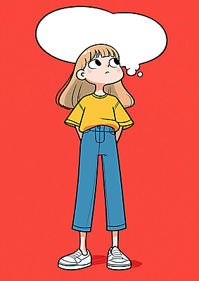 JPG 전신 여자 말풍선 생각 일러스트 청소년 한명 빨간색 올려보기 뒷짐 십대여자한명만 카피스페이스 국내일러스트 AI일러스트 AI콘텐츠 1 컬러 모션 사람 공백 여자한명만 십대여자만 파일형식