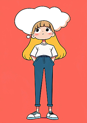 JPG 전신 여자 말풍선 생각 일러스트 청소년 한명 빨간색 올려보기 주머니손 십대여자한명만 카피스페이스 국내일러스트 AI일러스트 AI콘텐츠 1 컬러 모션 사람 공백 여자한명만 십대여자만 파일형식