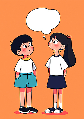 JPG 여자 남자 리본 어린이 말풍선 생각 일러스트 소녀 소년 두명 주황색 올려보기 뒷짐 주머니손 어린이만 카피스페이스 국내일러스트 AI일러스트 AI콘텐츠 컬러 모션 사람 공백 파일형식