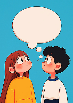 JPG 여자 남자 어린이 하늘색 말풍선 생각 일러스트 미소 소녀 소년 두명 올려보기 어린이만 카피스페이스 국내일러스트 AI일러스트 AI콘텐츠 모션 표정 사람 파란색 공백 파일형식