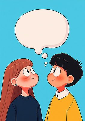 JPG 여자 남자 어린이 하늘색 말풍선 생각 일러스트 미소 소녀 소년 두명 올려보기 어린이만 카피스페이스 국내일러스트 AI일러스트 AI콘텐츠 모션 표정 사람 파란색 공백 파일형식