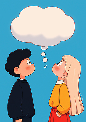 JPG 여자 남자 어린이 하늘색 말풍선 생각 일러스트 소녀 소년 두명 올려보기 주머니손 어린이만 카피스페이스 국내일러스트 AI일러스트 AI콘텐츠 모션 사람 파란색 공백 파일형식