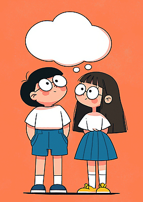 JPG 여자 남자 어린이 말풍선 생각 일러스트 서기 미소 소녀 소년 두명 주황색 올려보기 뒷짐 주머니손 어린이만 안경낌 카피스페이스 국내일러스트 AI일러스트 AI콘텐츠 안경 컬러 모션 표정 사람 공백 파일형식