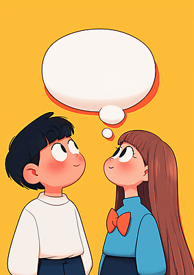 JPG 여자 남자 리본 어린이 말풍선 생각 일러스트 미소 소녀 소년 두명 노란색 올려보기 어린이만 카피스페이스 국내일러스트 AI일러스트 AI콘텐츠 컬러 모션 표정 사람 공백 파일형식